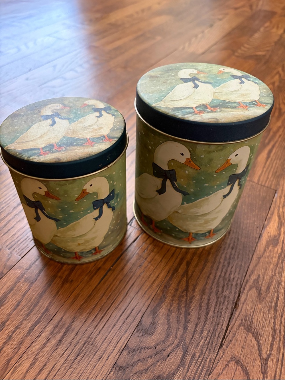 Vintage Country Geese Goose Canister Decorative Tin Blue Bow Lids